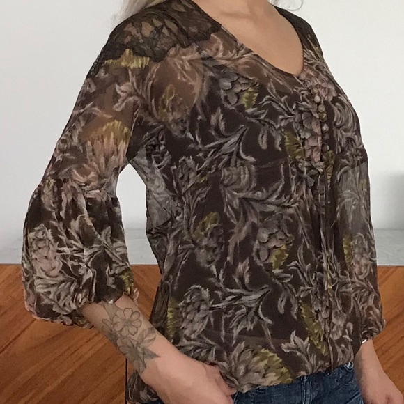 BCBG Max Azria Brown Chiffon Floral Top - Picture 3 of 7